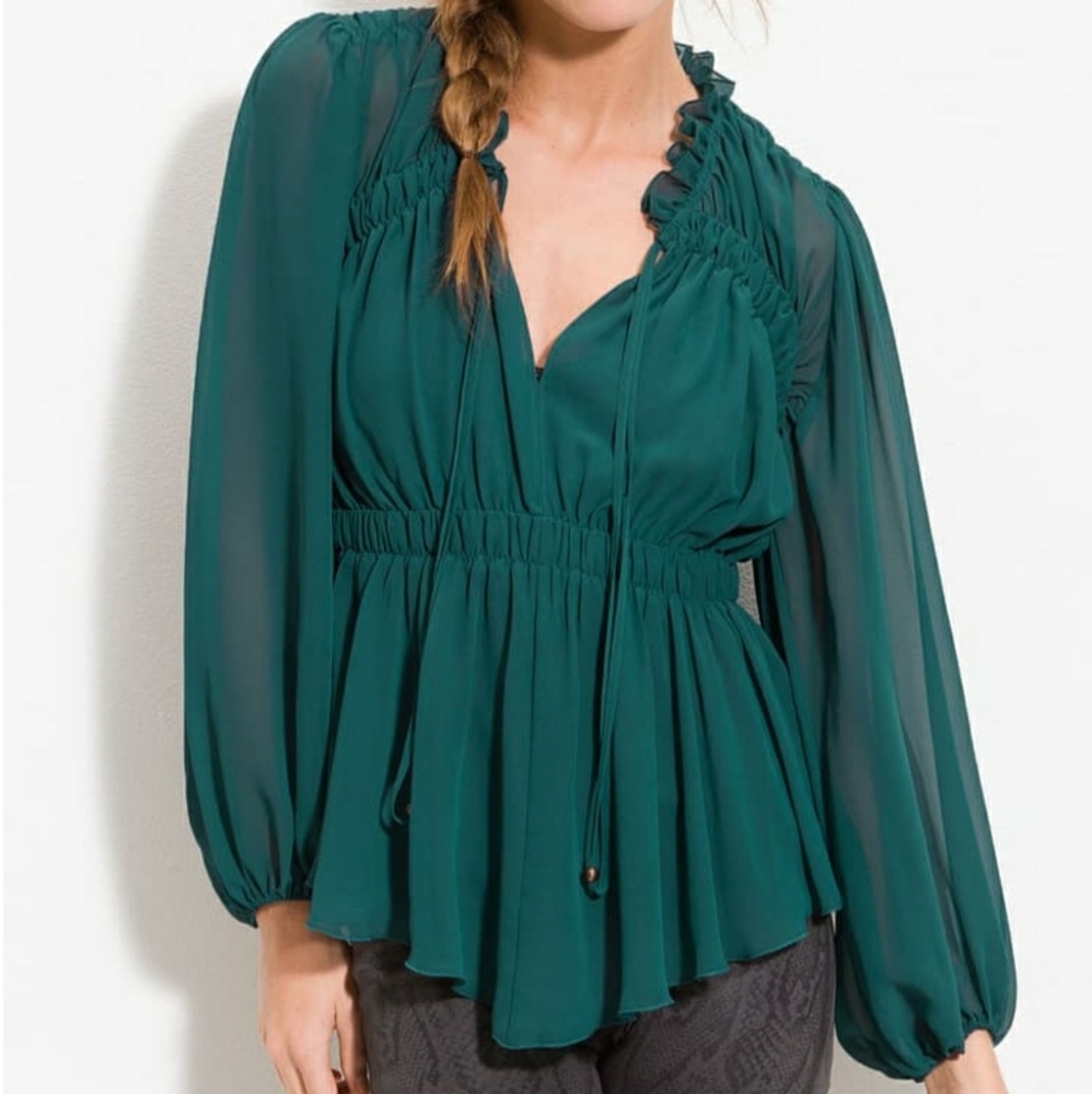 Heed Sheer Green Assymetric Chiffon Peasant Blouse